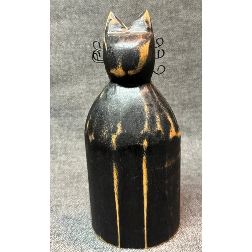 Wood Carved Black Cat Figurine Wire Whiskers Mouse Folk Art Statue Kitten Mice